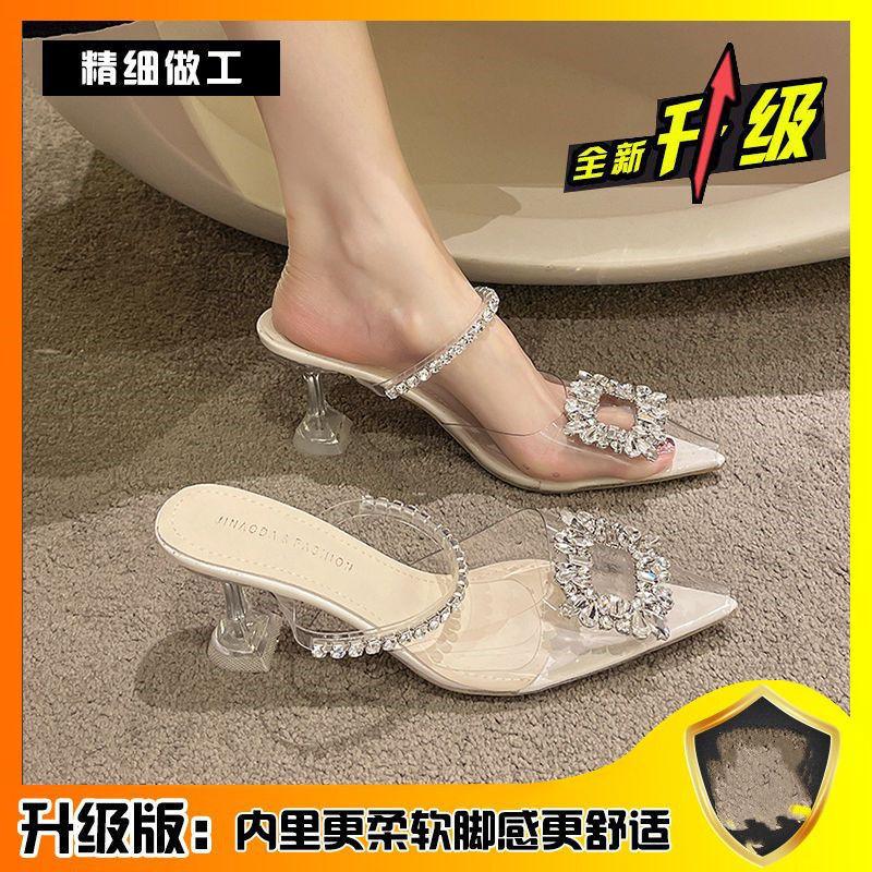 

Модная верхняя одежда, тонкие каблуки, тапочки, лето 2025, женские, новые, со стразами, квадратной пряжкой, на высоком каблуке, прозрачные, сандалии с полуподносом 42