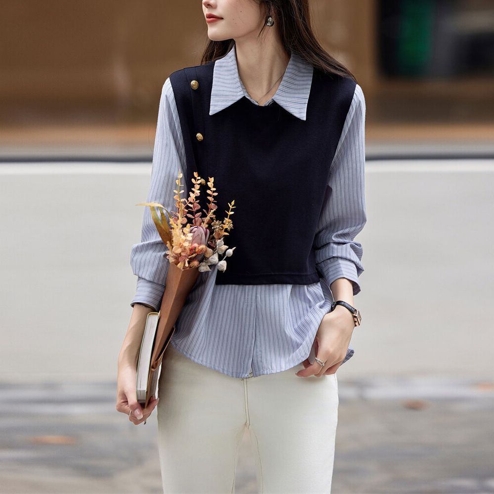 Neues gestreiftes Langarmshirt für Damen im College-Stil, lockere, schlankmachende Fake-Zweiteiler-Oberteile für Frühling und Herbst