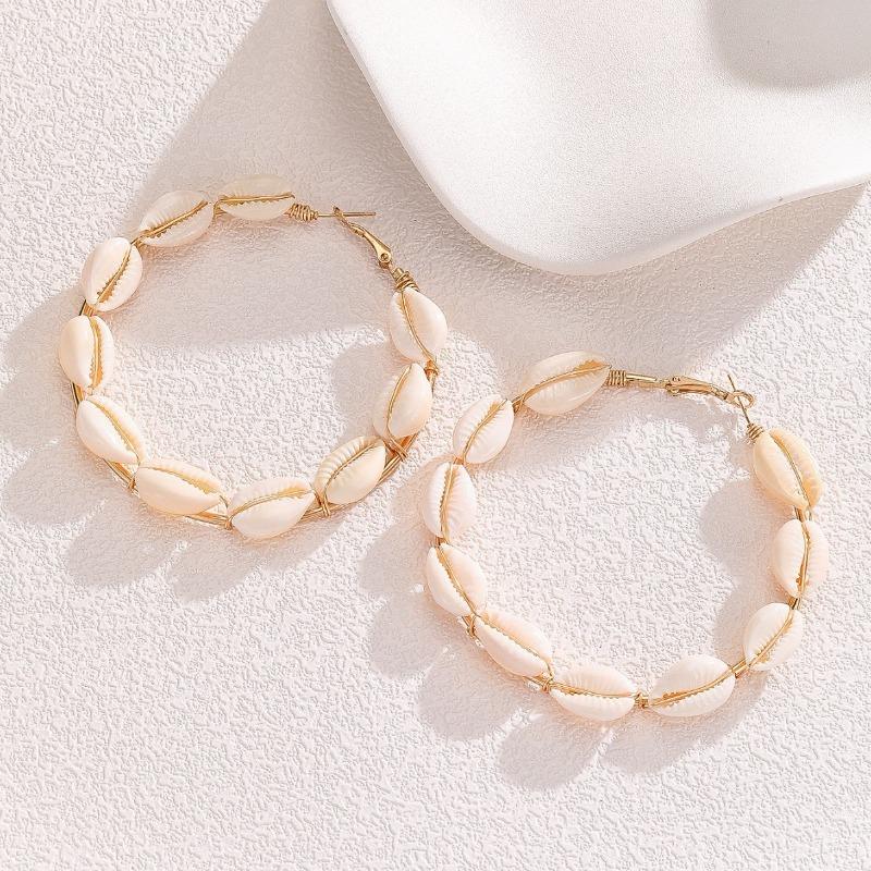Exaggerated Handmade Woven Shell Large Circle Earrings For Women Summer Beach Vacation