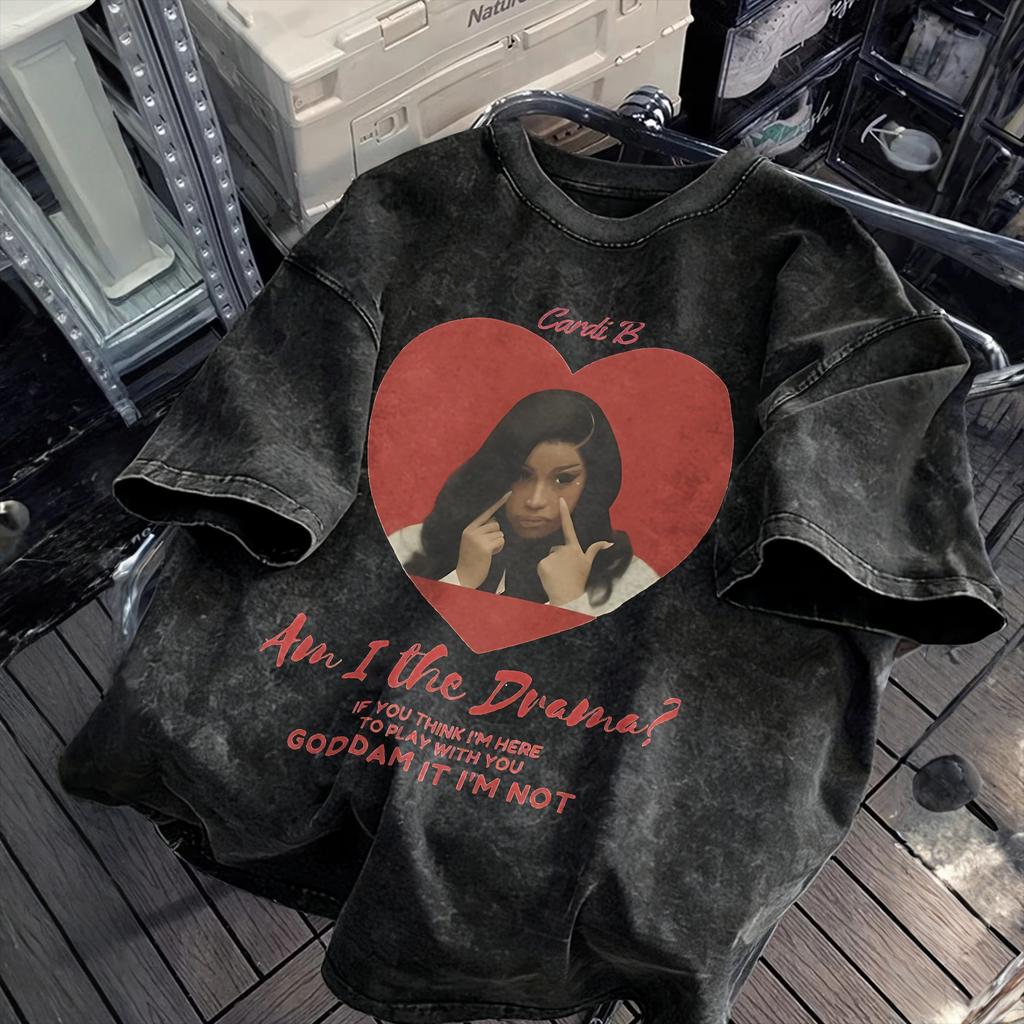 Cardi B Am I The Drama Men T Shirts Washed Vintage Tees Short Sleeve Round Neck T-Shirts Pure Cotton Plus Size Clothes