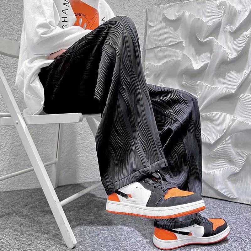 

Summer Korean Fashion Simple Ice Silk Wide Leg Pants Men Solid Elastic Waist Pockets Thin High Street Loose Straight Trousers XXXL чорний