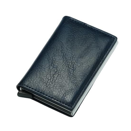 Pánská peněženka z umělé kůže s RFID blokováním, trojdílná, se štíhlým výsuvným držákem na karty, kovové hliníkové pouzdro na karty