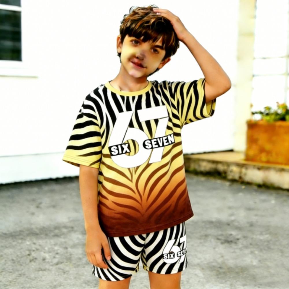 Gradient Zebra Color 67 Printed Kids T-shirt and Shorts 2 Piece Set Summer Casual Outfit for Boy's and Girl's Kids Clothing Top
