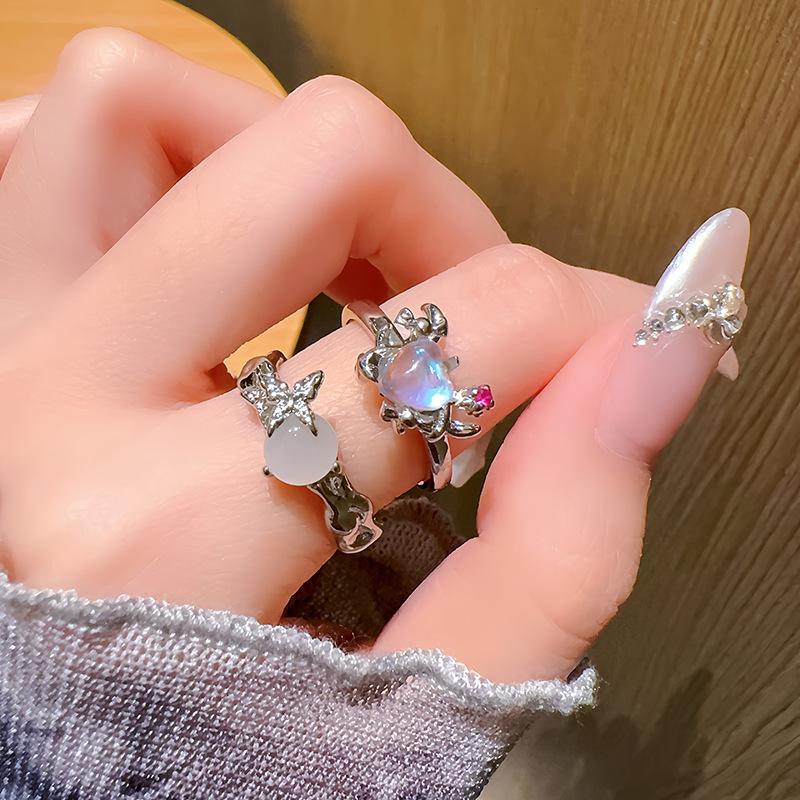 Liquid Moonstone Stacked Wearing High-End Ring Love Niche Design Cold Wind Butterfly Open Ring Woman