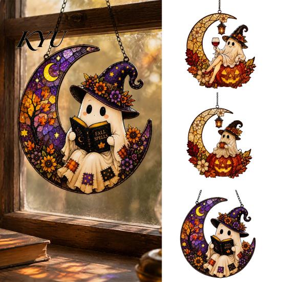Acessórios Divertidos para Pátio 2D Lua Fantasma Abóbora Vitral Acrílico, Ornamento Pendurado para Janela de Halloween Exterior de Fazenda, Outono Ação de Graças