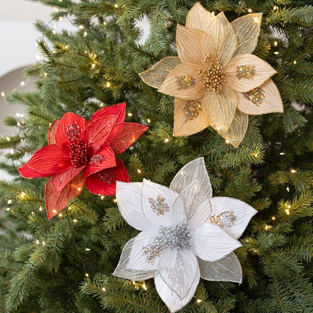 Fabric Plastic Christmas Artificial Flowers 25CM Glitter Fake Flower  Christmas Decor
