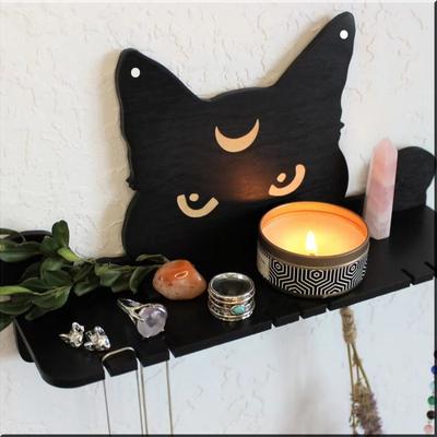 Étagère en cristal noire en forme de chat mignon, étagère flottante pour décoration murale d'Halloween, étagère d'affichage pour cristaux et pierres, décorations de chambre de sorcière