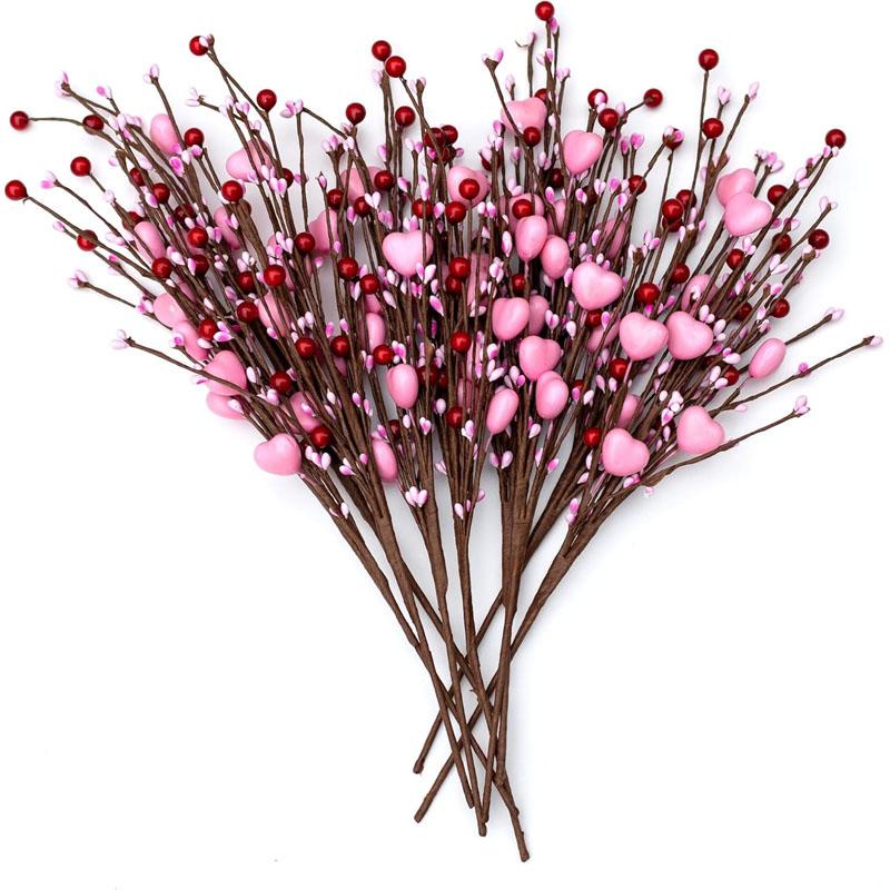 Украшения на День святого Валентина Флористические пики Стебли - 8 шт., 17 дюймов Искусственные розовые ягоды Ветки в форме сердца Подарок для свадьбы Домашний декор для вазы 8PCS