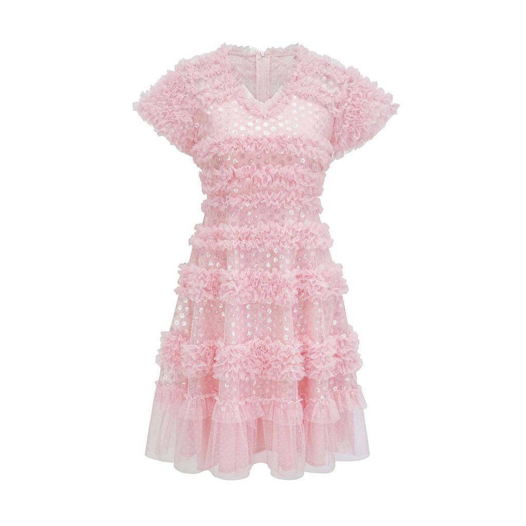 Sweet and Cute Shiny Dress Heavy Craft V-neck Short-sleeved Skirt Birthday Party Skirt