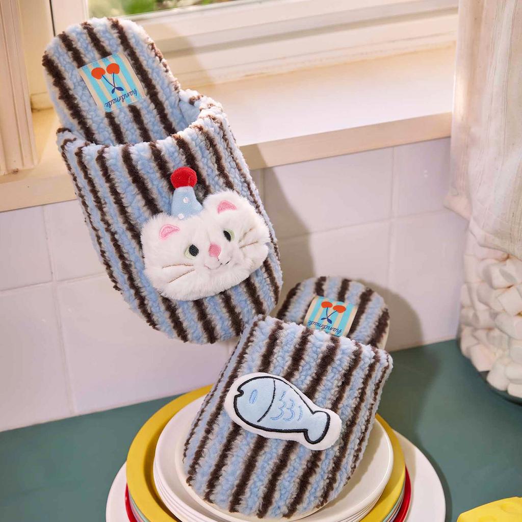 Warm edge cute fun cartoon kitten fish pattern striped slippers home warm cute indoor non-slip cotton slippers women