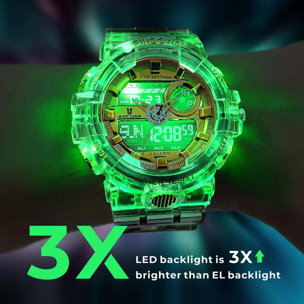 PINDOWS Transparent Gold Dual 50m Water LED Alarm and Perfect for Outdoor and Everyday Wear Men's Watch, Analog-Digital Time, Resistant, Backlight,