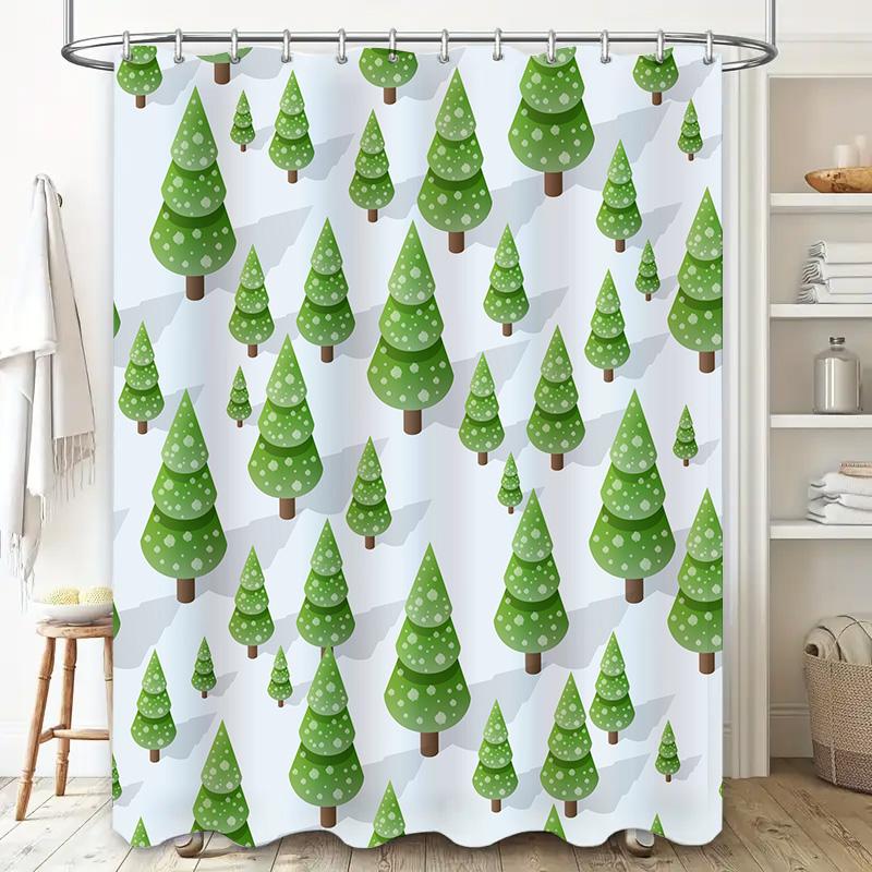 Vintage Forest Tree Christmas Shower Curtain Green Xmas Decorations for Bathroom Polyester Fabric Waterproof Window Hanging Size