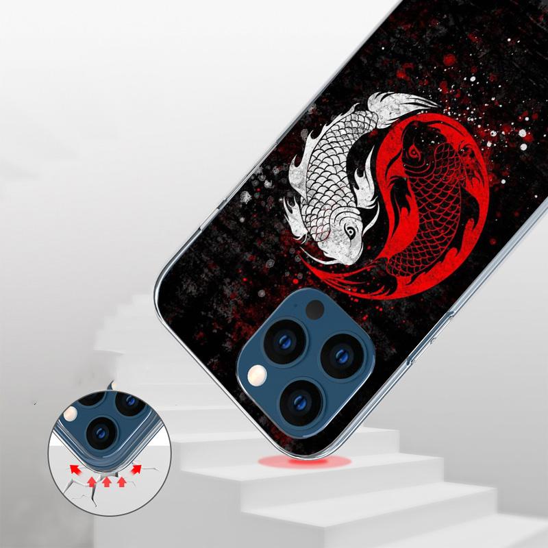 Japan Koi Fish Yin Yang Art Cover Phone Case For iPhone 16 17 Air 15 14 Pro Max 16E Phone Case 13 Mini 12 11 7 SE 8 Print Patter