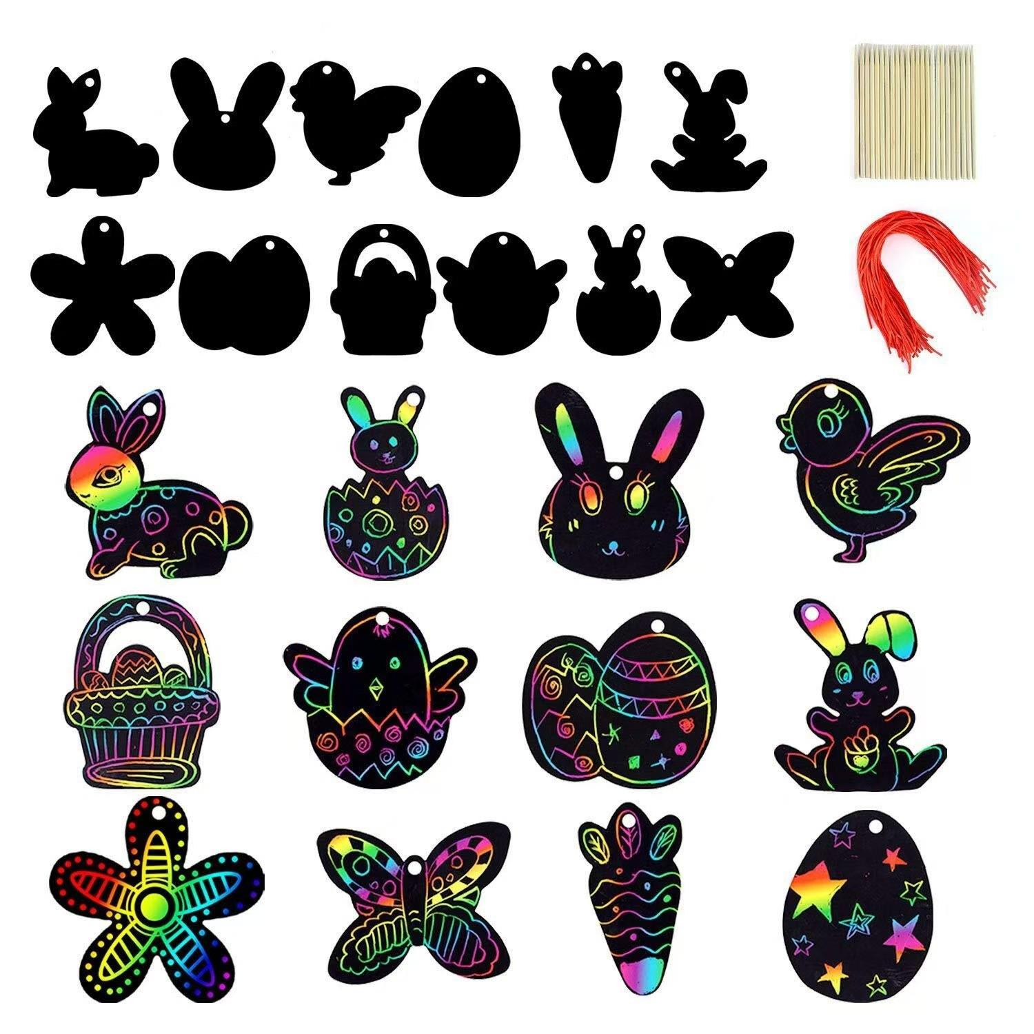 

Irregular Shape Scratch Art Set: Colorful Scratch Paper for Christmas and Easter Doodle Painting. 12 bookmarks + 12 ribbons + 4 bamboo pens
