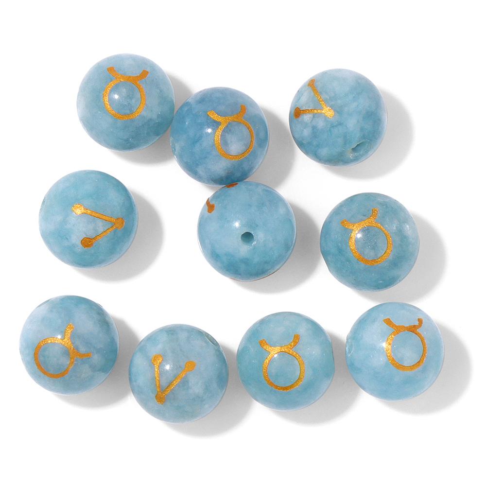 10pcs Double-sided Carved 12 Constellation Beads Natural Stone Beads Round 10MM Red Purple Green Aventurine Amethyst Agate Bead