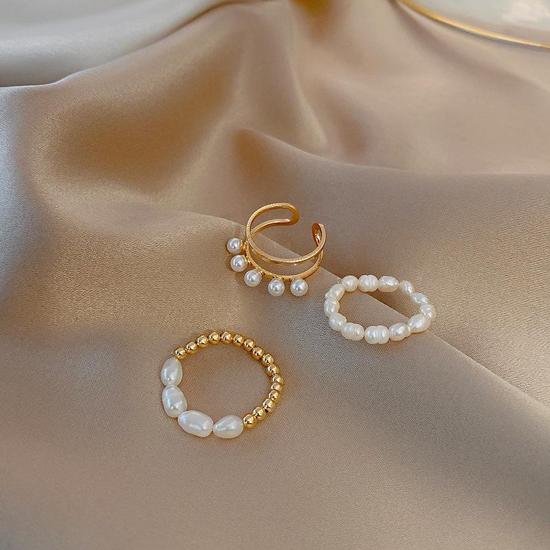 Dongdaemun Irregular Pearl Circle Three-Piece Ring Set for Women