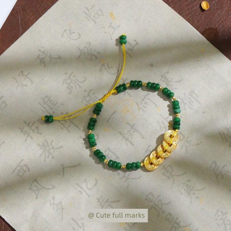 

Новый китайский стиль золотой браслет из плетеного зеленого халцедона «Пять императоров», ретро, легкая роскошь, чувство дизайна, ремешок для ношения