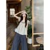 Kumikumi Casual Set Women Retro Stripe Flying Sleeves Shirts Summer Loose Wide Leg Casual Pants Two-piece Set