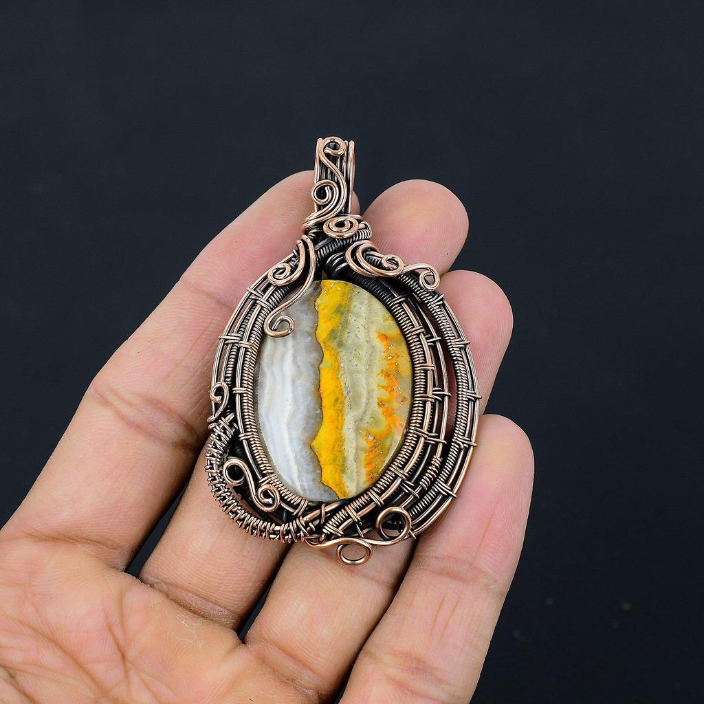 Bumblebee Jasper Pendant, 999 Copper Wire Wrapped Gemstone Jewelry, Handmade Pendant, For Mother Day