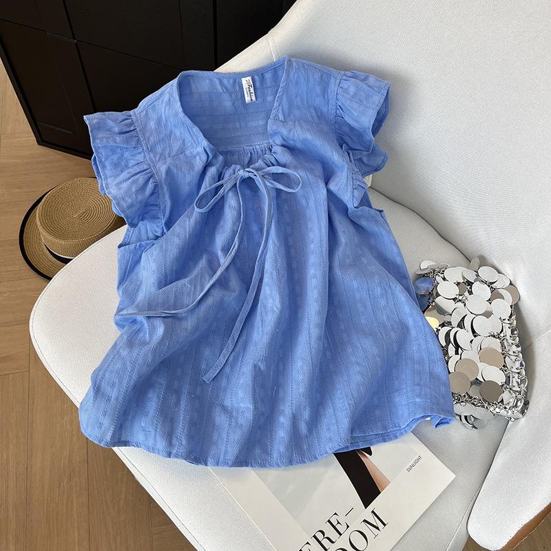 

Французская футболка с V-образным вырезом, фестончатым краем, маленьким рукавом-крылышком, женская летняя, с чувством дизайна, нишевая, шикарная, на шнуровке, свободная, кукольная, топ XXXL [Recommended 138-75kg] синий