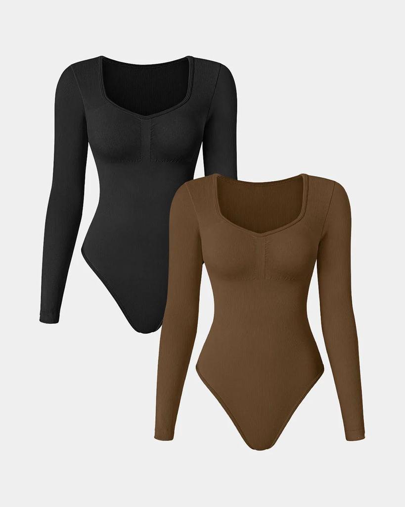 Seamless Knitted Ribbed Long Sleeve V-Neck Yoga Bodysuit Jumpsuit