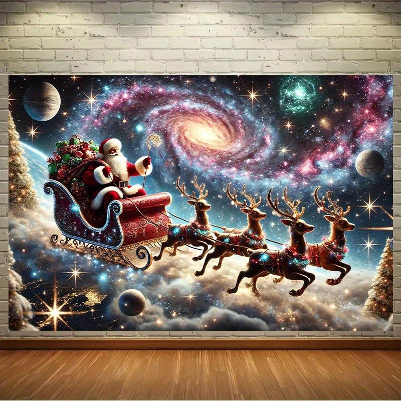 1 Stück Festliches Weihnachtlicher Sternenhimmel Wandteppich mit Weihnachtsmann & Rentierschlitten Szene - Vielseitige Polyester Wanddekoration für Wohnzimmer,