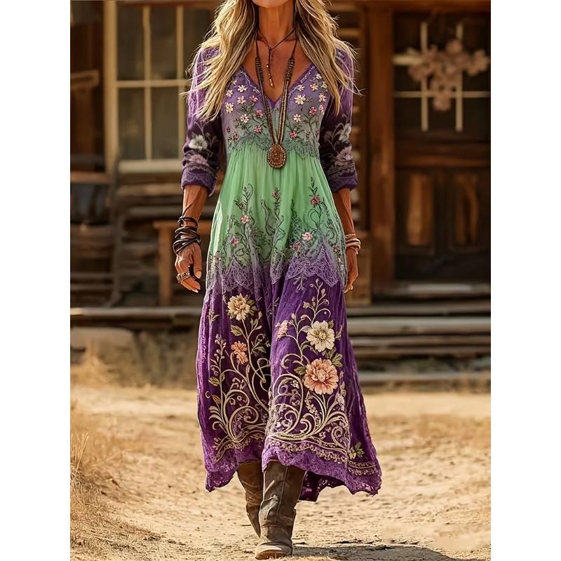 Creative Tie-dye Printing Women's New V-neck Long-sleeved Dress Medium and Long Dress