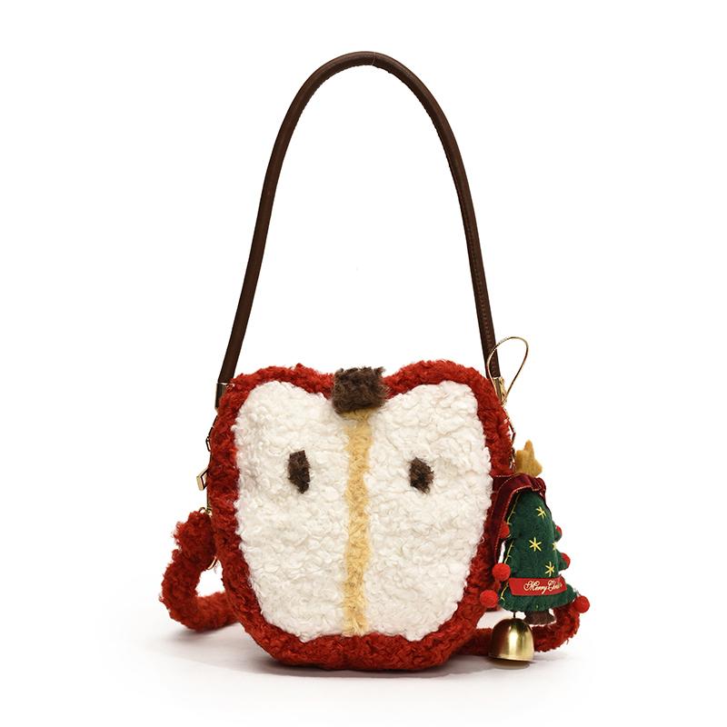 

Нишевый дизайн Рождественская сумка-яблоко из овечьей шерсти, плюшевая милая маленькая сумка, универсальная сумка-мессенджер на плечо красный