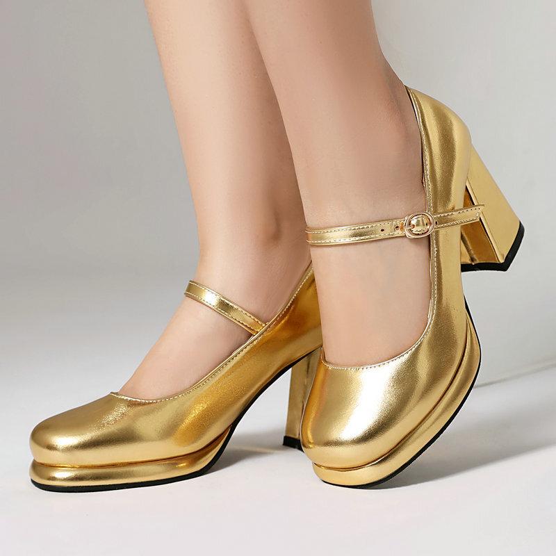 Mary Jane Women's Single Shoes Gold Silver Square Head Platform Thick Heel High Heel One-word Buckle High Heel Women's Shoes Casual Women's Shoes