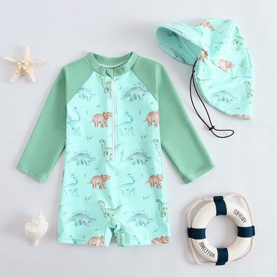 Children's One-piece Swimsuit Boys' Sun Protection Long-sleeved Baby Cartoon Swimsuit Quick-drying Baby Swimsuit Hooded Sun Protection