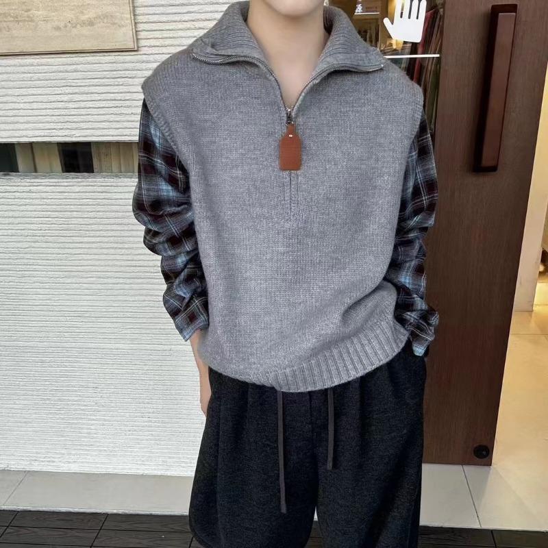 

Lapel fake two-piece knitted pullover sweater women s autumn and winter new lazy wind splicing knitted sweater top One size