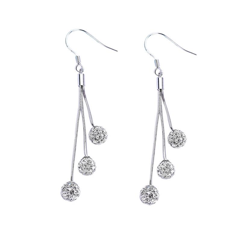 925 Sterling Silver Slim Long Tassel Rhinestone Ball Earrings for Women - Korean Fashion Dangle, Elegant & Versatile