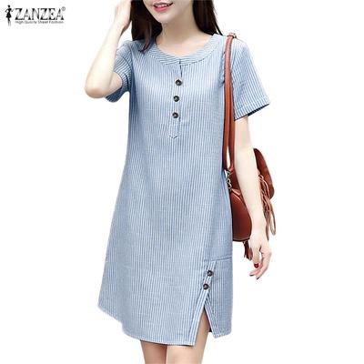 Women Summer Round Neck Casual Short Sleeve Stripe Dress