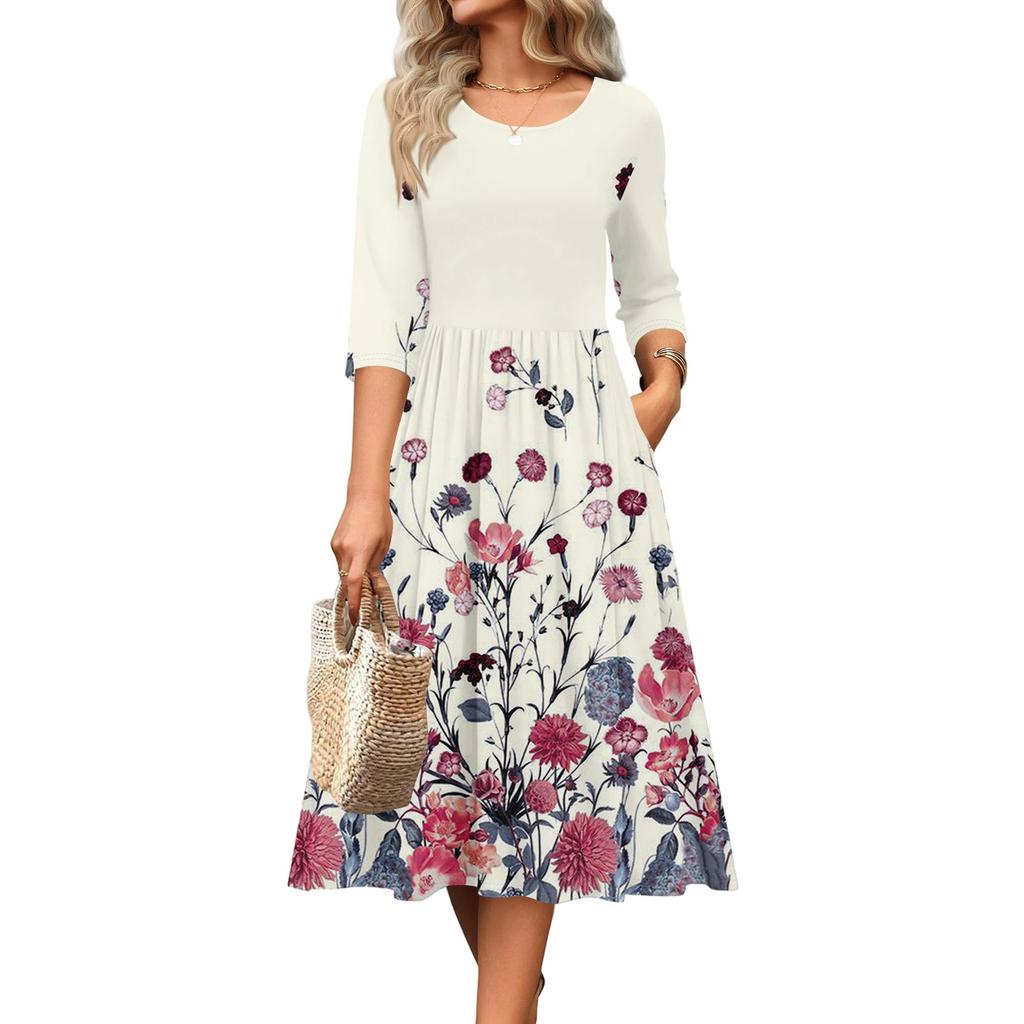 3/4-Ärmel Damenkleid Lässig Fließend A-Linie Midi T-Shirt Kleider mit Taschen Rundhalsausschnitt Urlaub Boho Strand Sommerkleid