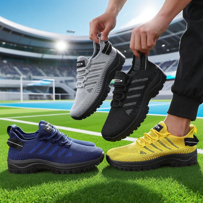 Men'S Casual Mesh Shoe Breathable Knitted Comfortable Outdoor Flat Walking Shoes Trendy Striped Design Jogging Shoe Sneakers Men