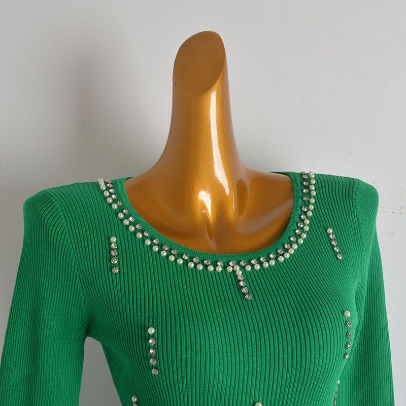 Stylish Heavy Industry Beads Diamond Round Neck Knitwear Women's Spring and Autumn Outer Wear Sexy Silm Slim Looking Bottoming Shirt Tops