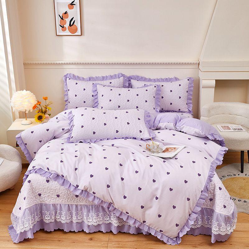 

2025 New Arrival Quilt Cover Four-Piece Set Bedspread K-style Lace Quilt Cover Princess Style Bed Sheets Spring and Summer Bedding Heart purple Quilt cover single piece: 200*230cm