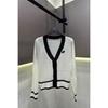 Trendy European Knit V-Neck Cardigan with Embroidered Patch and Contrasting Edges