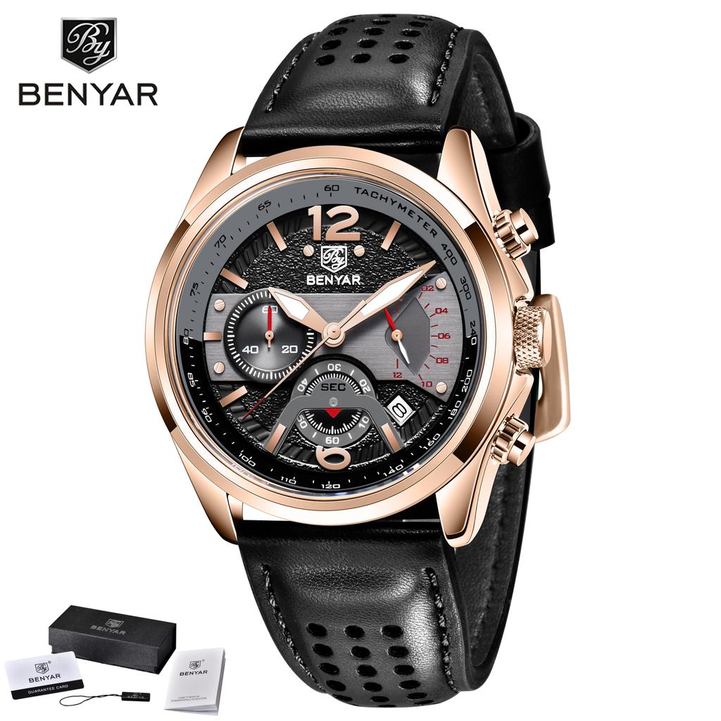 BENYAR 5171 New Fashion Men's Top Leather Quartz Watch Stainless Steel 30M Waterproof Luminous Reloj Hombre Watches for Man