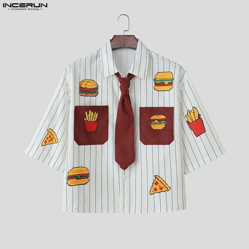 INCERUN Men Tie Lapel Neck Short Sleeve Button Down Cartoon Print Casual Cropped Shirts