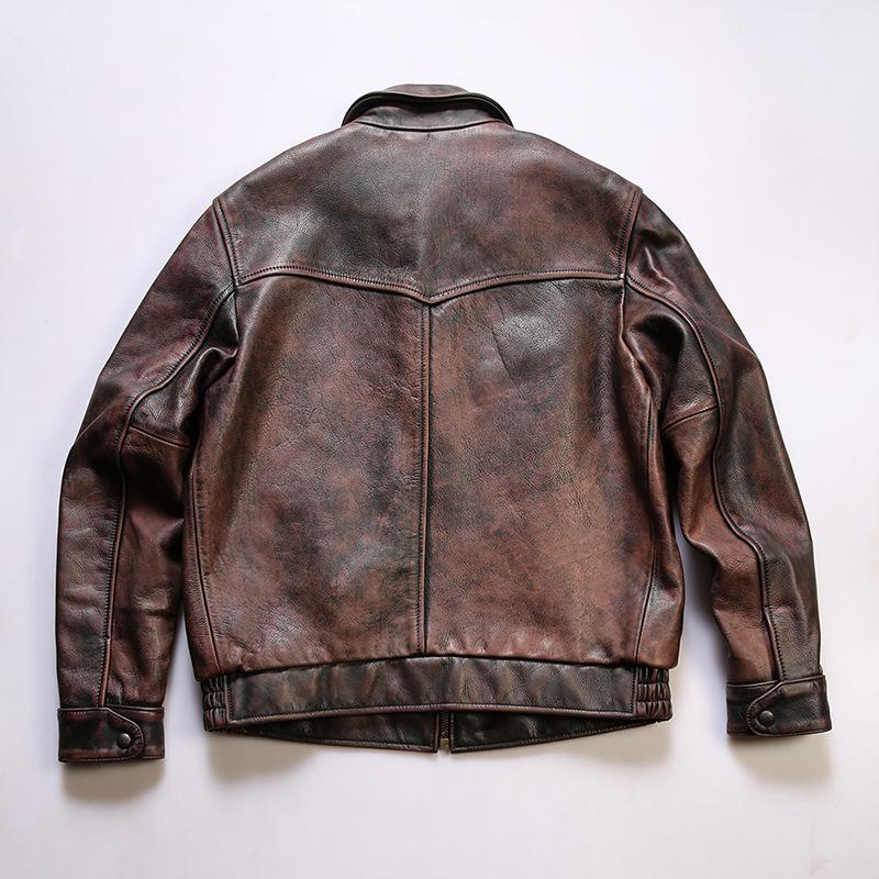 Hand polished retro old empty pilot leather jacket men, lapel flight suit cowhide leather jacket