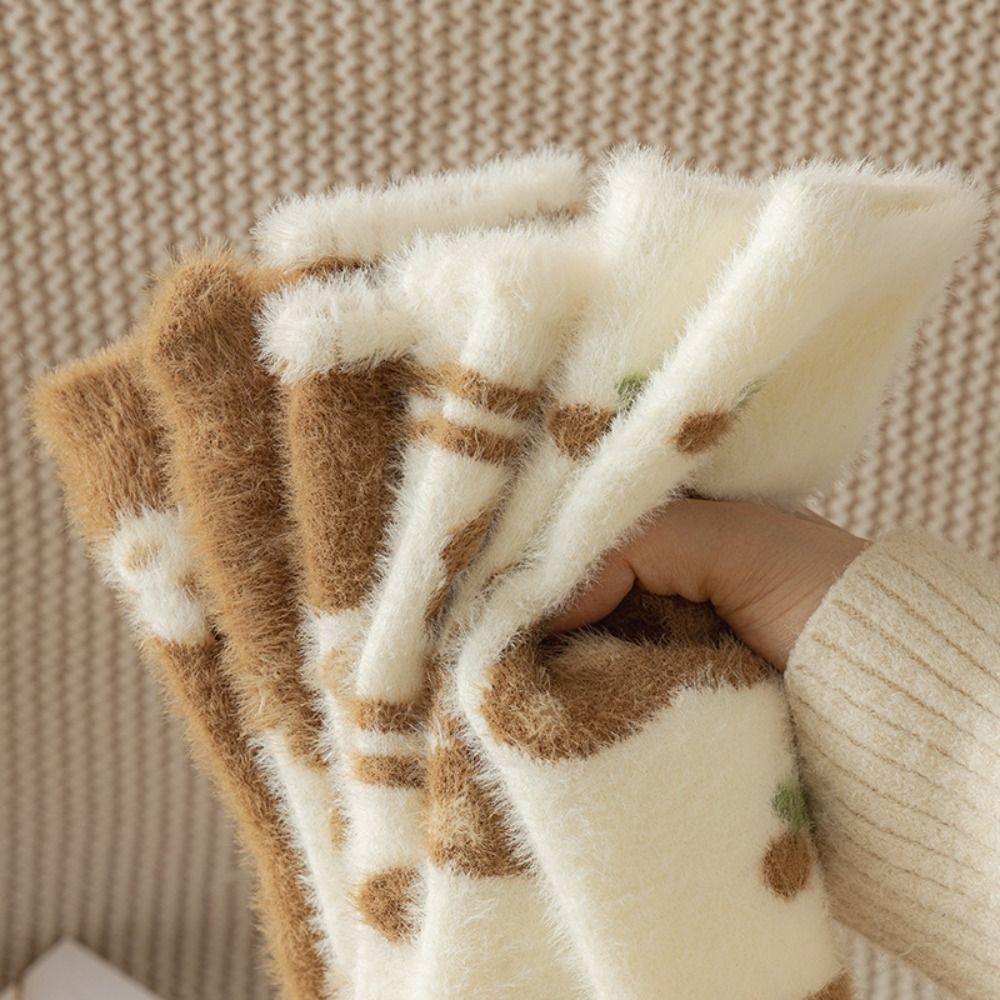 5pairs Stripe Dot Coral Fleece Socks Letter Winter Floor Socks Cute Bear Mink Fur Socks Girls