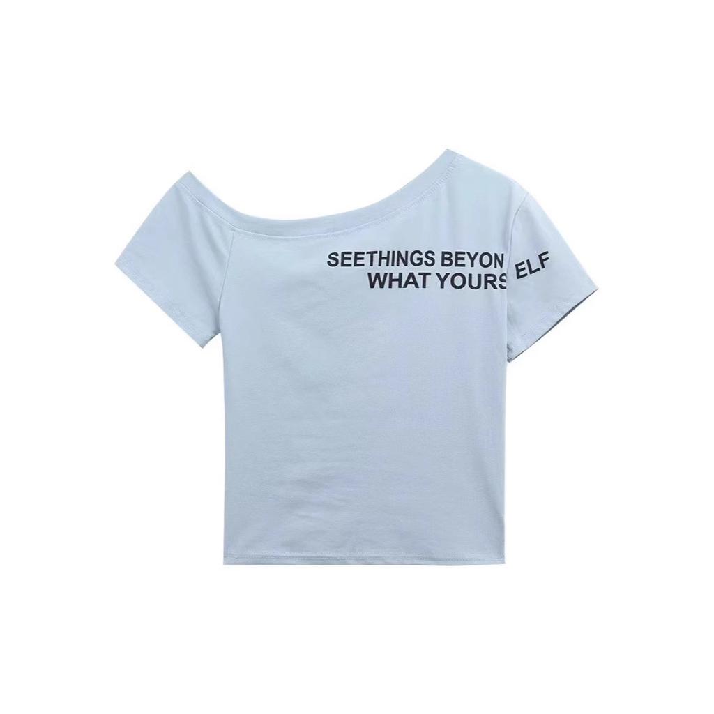 American letter diagonal neck off-shoulder short T-shirt women's summer new Spice Girl waist slim short-sleeved top women
