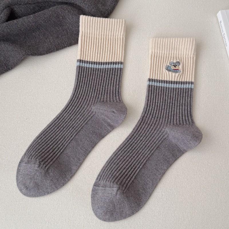 Grey Striped Socks Medium Tube Socks Cute Embroidered Puppy Cloth Label Curled Edge Socks Trend Socks