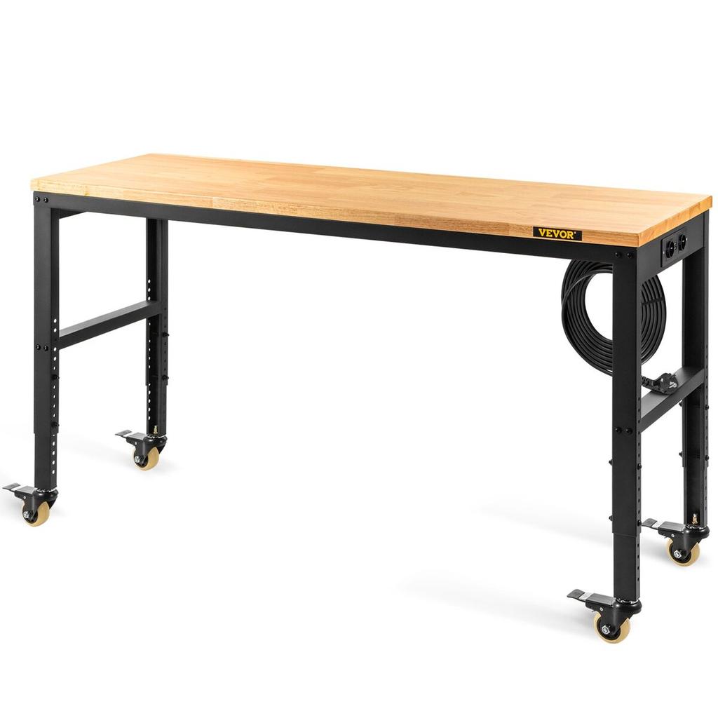 Werkbank höhenverstellbar, 122cm B X 51cm T X 104cm H Garagentisch mit 79 – 104 cm Höhen & 720KG Tragfähigkeit, mit Steckdosen & Hartholzplatte &