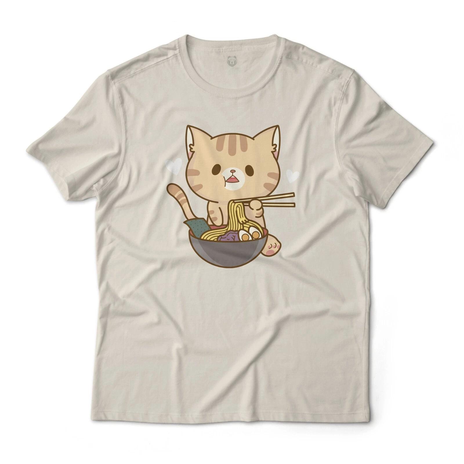 Kawaii Cat Eating Ramen Noodles Food Art Graphic T-T-Shirt Unisex 100% Cotton Tee S