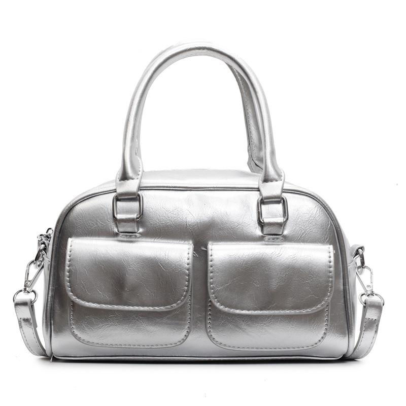 

Hot Sale Simple Premium Oil Wax Leather Portable Boston Bag Commuter Versatile Temperament Casual Messenger Women s Bag серебряный