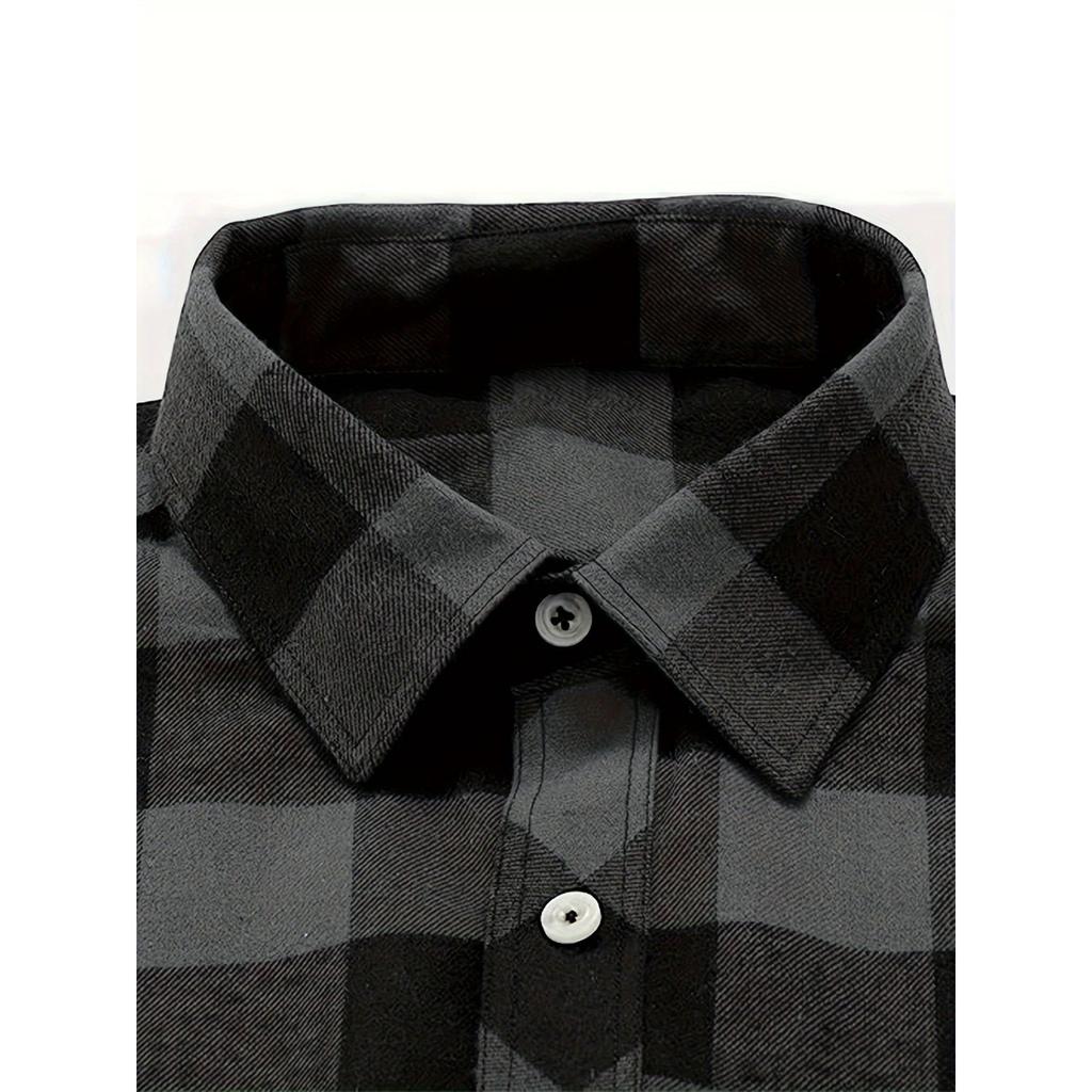 Męska codzienna i modna flanelowa koszula w kratę z długim rękawem, klapami i zapinana na guziki