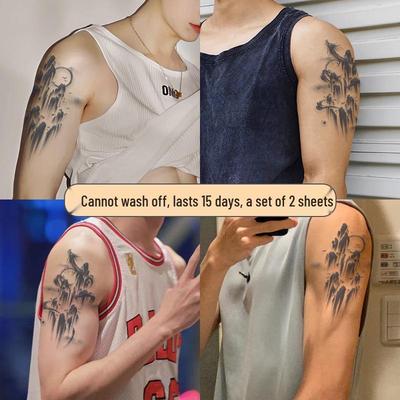 Guochao Herbal Semi-Permanent Ink Wash Men's Tattoo Sticker - Wash-Proof & Non-Fading Half Sleeve Trendy Dark Style.