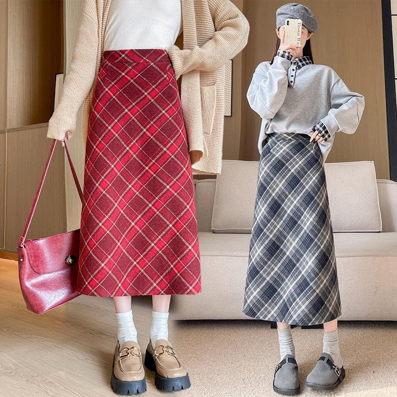 Women's Winter Fleece Lined Plaid Pencil Skirt High Waist Tummy Control Wrap Midi Skirt